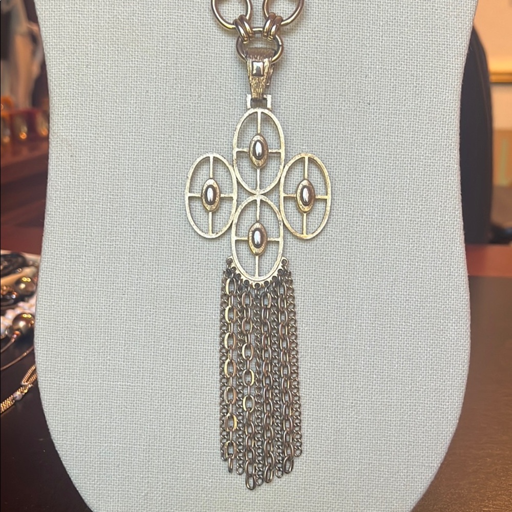 Gold Gothic Revival Necklace with Ornate Cross like Pendant